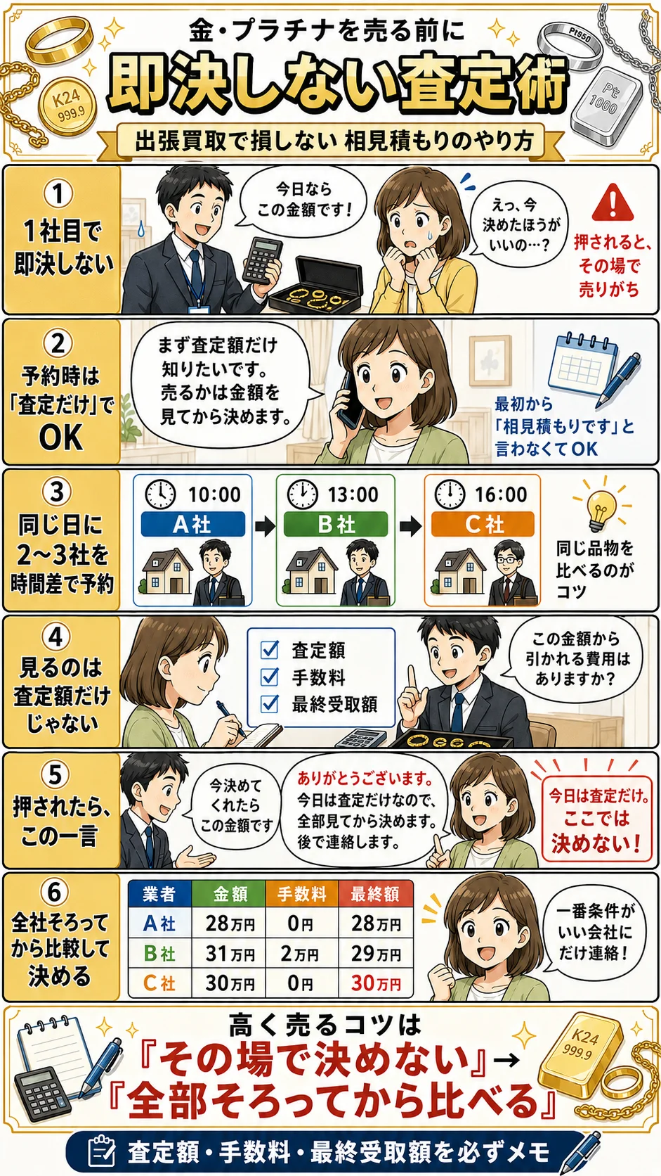 金・プラチナを売る前に 即決しない査定術｜出張買取で損しない相見積もりのやり方。①1社目で即決しない ②予約時は「査定だけ」でOK ③同じ日に2〜3社を時間差で予約 ④見るのは査定額だけじゃない（査定額・手数料・最終受取額） ⑤押されたら「今日は査定だけ」の一言 ⑥全社そろってから比較して決める。高く売るコツは『その場で決めない』→『全部そろってから比べる』。査定額・手数料・最終受取額を必ずメモ