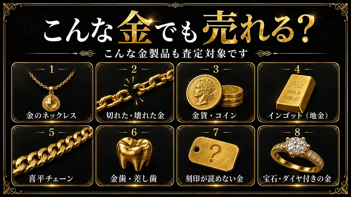こんな金でも売れる？ こんな金製品も査定対象です：金のネックレス／切れた・壊れた金／金貨・コイン／インゴット（地金）／喜平チェーン／金歯・差し歯／刻印が読めない金／宝石・ダイヤ付きの金